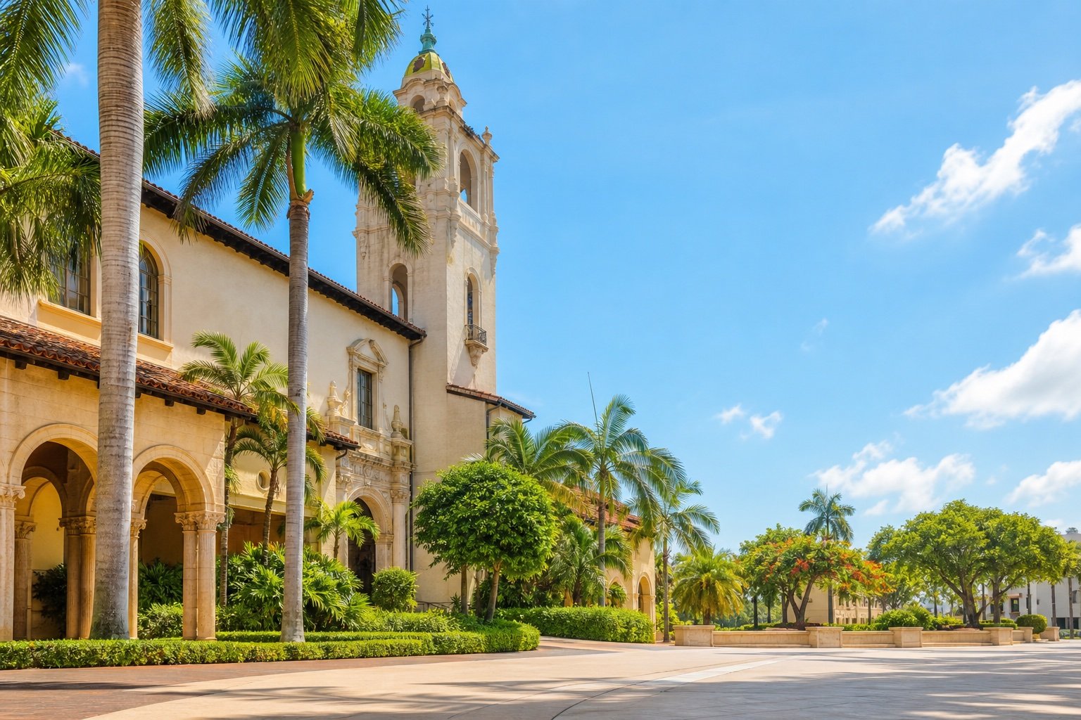 A sunlit Coral Gables plaza with Mediterranean Revival architecture, a bell tower, royal palms, and a bright blue sky